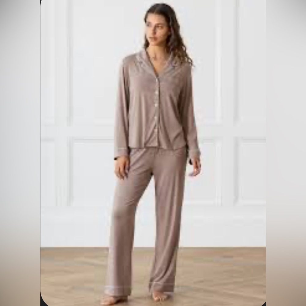 Women's Long Sleeve Button Pajama Set in Taupe